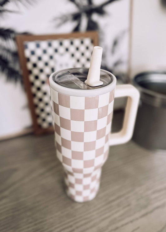 Beige Checkered 40 Oz Tumbler